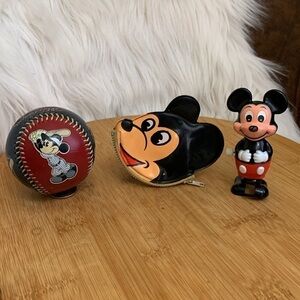 Disney Mickey Mouse Bundle Vintage Coin Purse, Baseball & Windup Toy